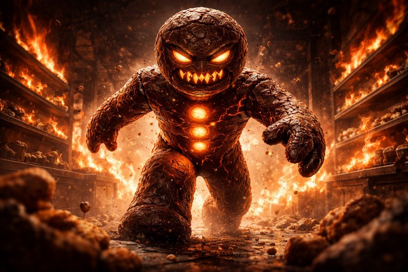 Fiery pumpkin-headed monster with glowing eyes and chest flames stomping through a blazing, shelv...