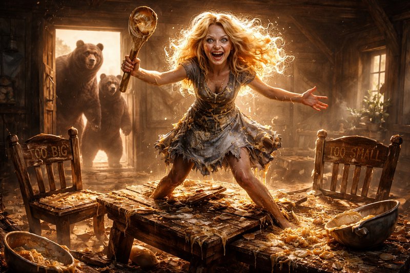 Goldilocks-like woman on a dusty, ruined kitchen table with a ladle, bears ominously peering thro...