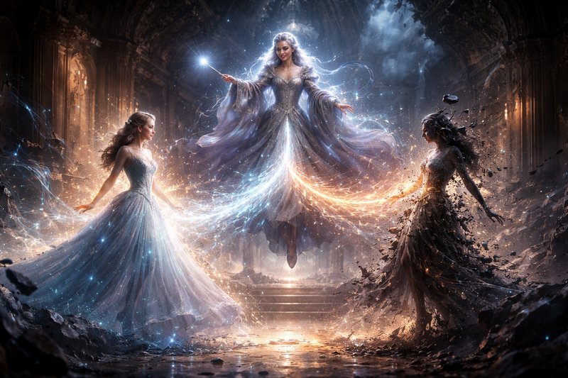Three ethereal women in flowing gowns casting a magical spell in a grand, ruins-lit hall.