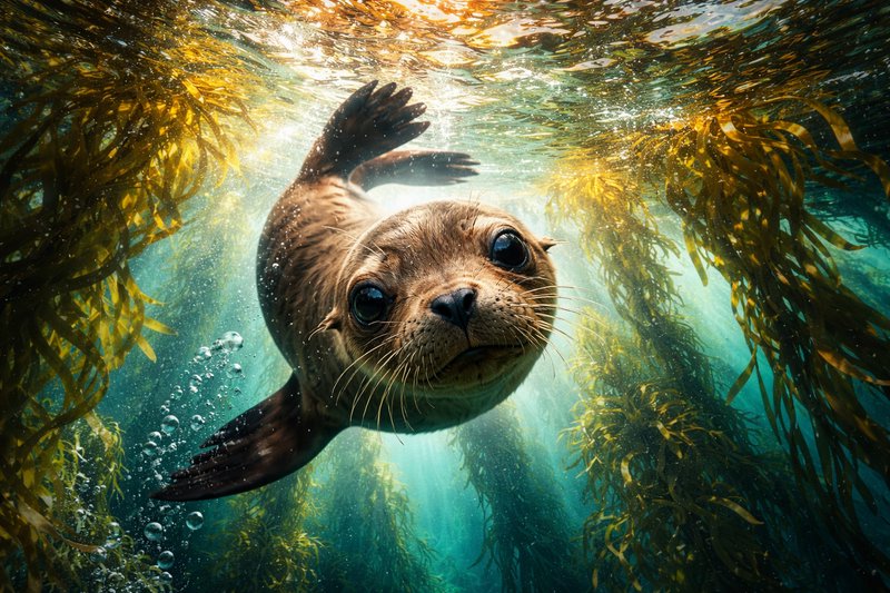 Seal swimming underwater among a kelp forest with sunlit rays.