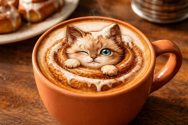 Cute kitten-shaped latte art winking from a warm brown coffee cup.
