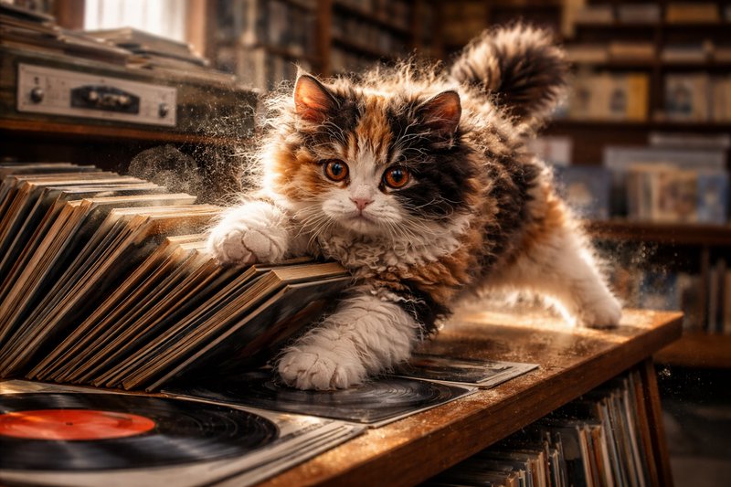 Calico kitten climbing over a row of vinyl records on a wooden table