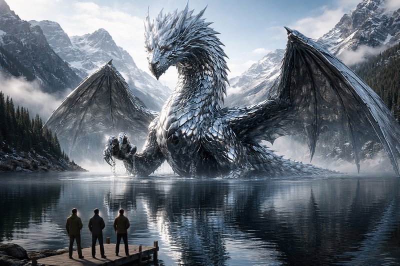 Metallic blue dragon with icy scales rises from a misty alpine lake as three men watch from a dock.