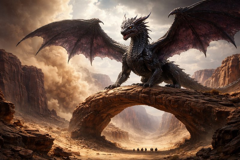 Massive black dragon perched on a natural rock arch in a desert canyon with dramatic skies.