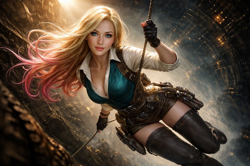 Female adventurer swinging on a rope in a dramatic, wind-swept urban fantasy setting.