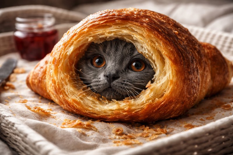 Gray cat peeking through a hollow croissant in a flaky pastry loaf.