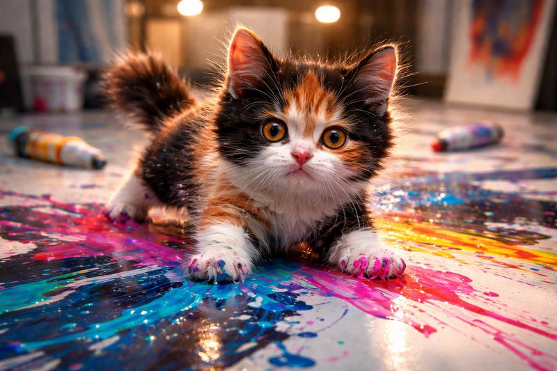 Calico kitten with wide eyes on a colorful paint-splattered floor.