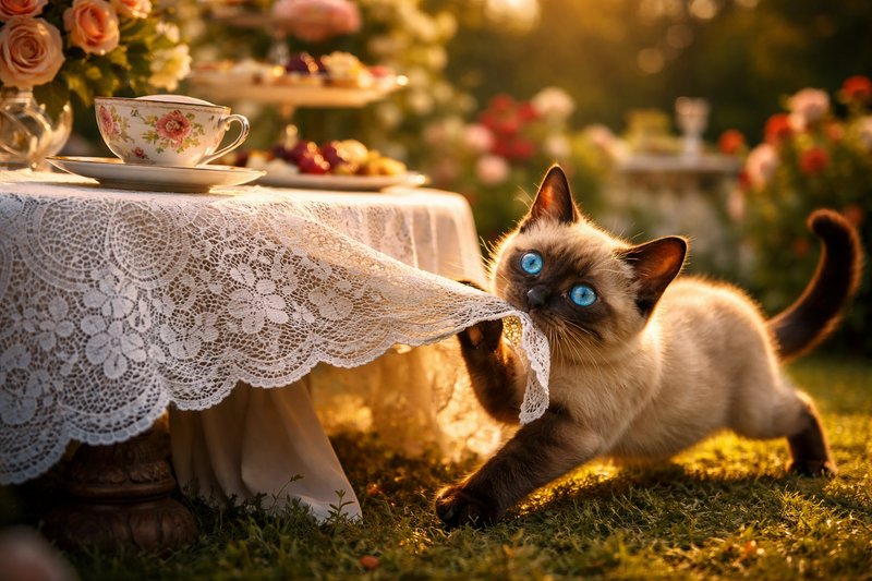 Siamese kitten tugging a lace tablecloth at a sunny outdoor tea party with floral decorations