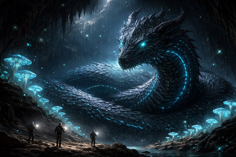 A colossal blue dragon spirals in a cavern with glowing cyan mushrooms and three explorers with f...