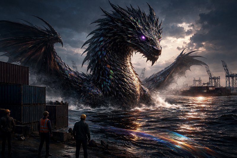 A colossal iridescent dragon rising from the sea beside a harbor at dusk, with cranes and industr...