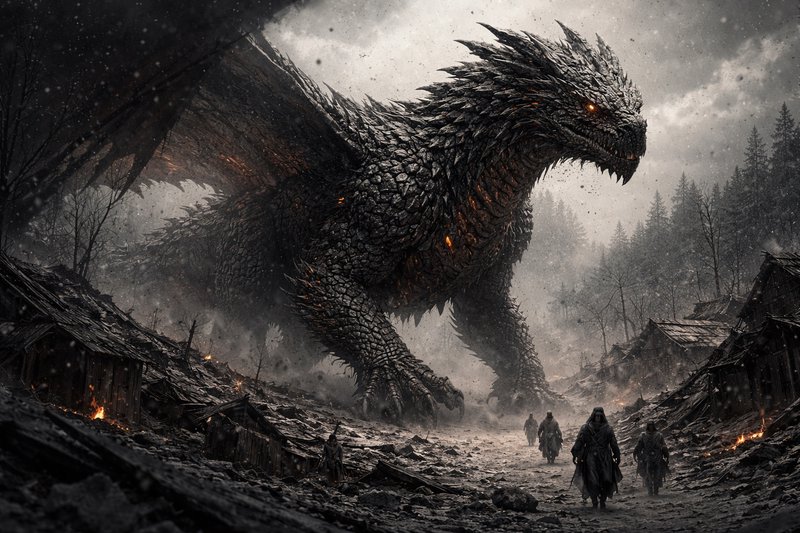 Gigantic black dragon towers over a ruined village as armored figures approach.