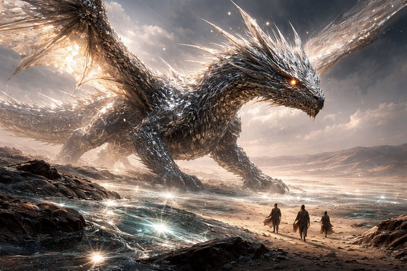 A colossal crystalline dragon towers over a rocky shoreline as three figures approach at dusk.