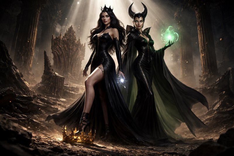 Two dark sorceresses in black gowns stand in a ruined, mystical ruinscape, one with a green magic...