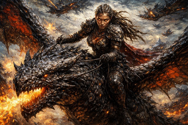 Armored female warrior riding a fiery dragon through a volcanic battlefield.