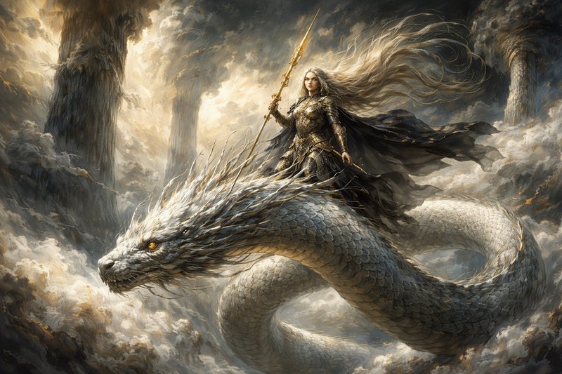 Warrior queen in armor rides a massive white dragon through stormy clouds.