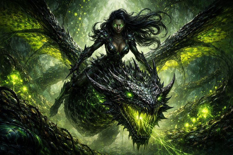 Dark female warrior riding a menacing green-lit dragon in a neon-green forest.
