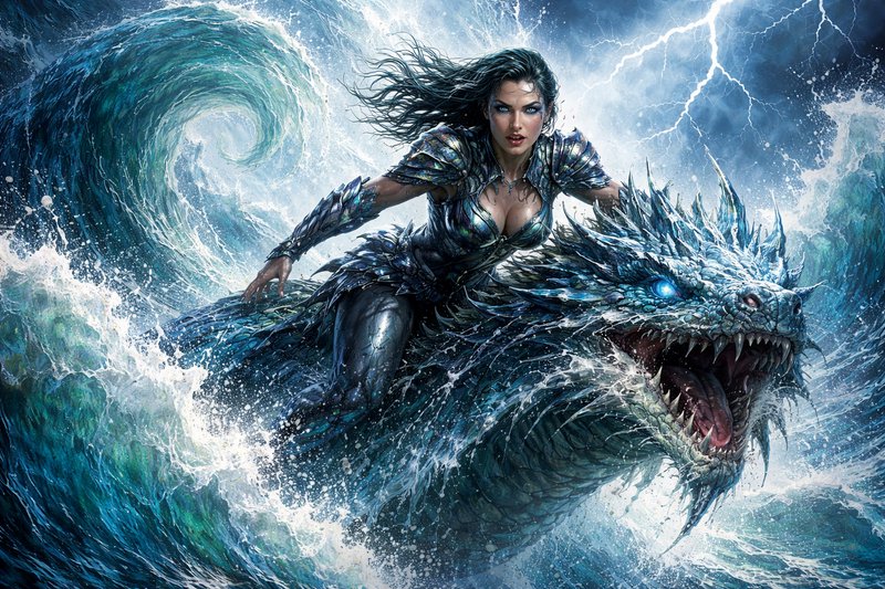 Warrior woman riding a dragon through crashing ocean waves and lightning.