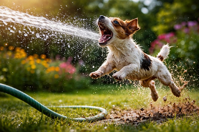 Small dog jumps through a garden hose spray, water splashing around.