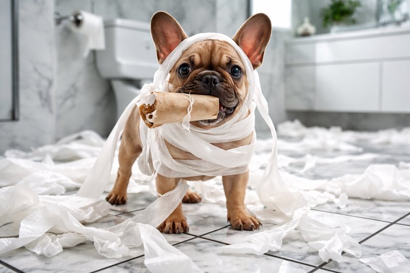 Adorable French Bulldog wrapped in toilet paper in a bathroom, chewing a roll