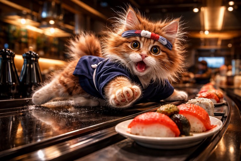 Playful orange-and-white kitten wearing a headband reaching toward sushi on a conveyor belt