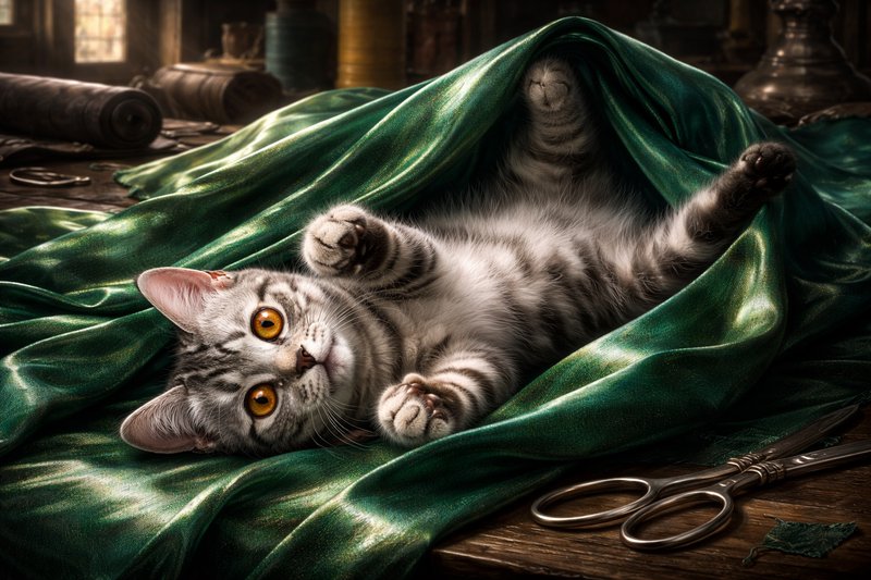 Gray tabby kitten draped in emerald green silk rests on a wooden worktable.