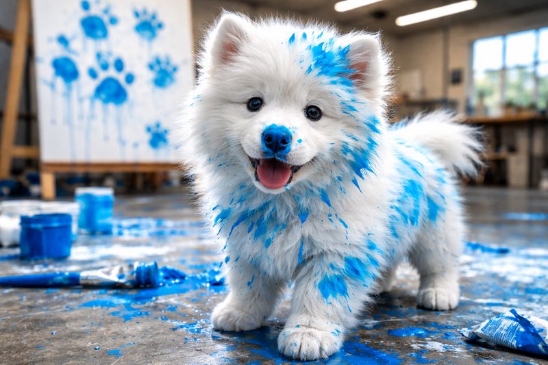 White fluffy puppy with blue paint splatters in an art studio