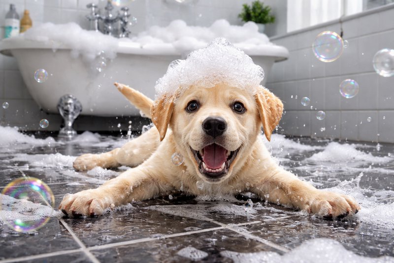 Happy golden Labrador puppy lying on wet bathroom tiles with bubbles on its head.