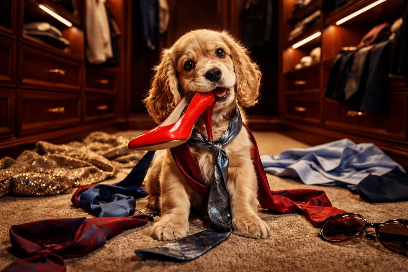 Cute golden retriever puppy holding a red high-heeled shoe in a stylish walk-in closet.