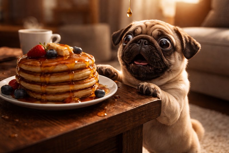Adorable pug leans over a stack of syrup-drizzled pancakes on a wooden table.