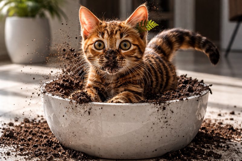 Adorable tabby kitten digging in a large concrete soil bowl indoors.