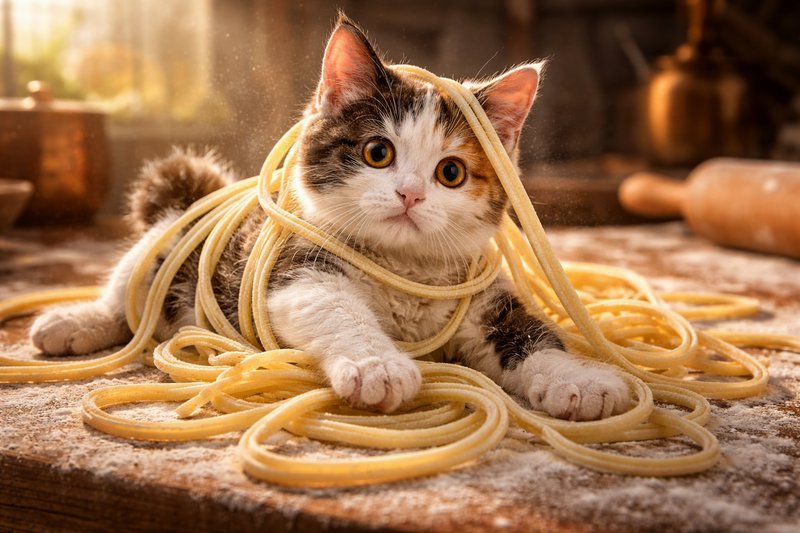 Adorable calico kitten entangled in spaghetti on a flour-dusted kitchen counter