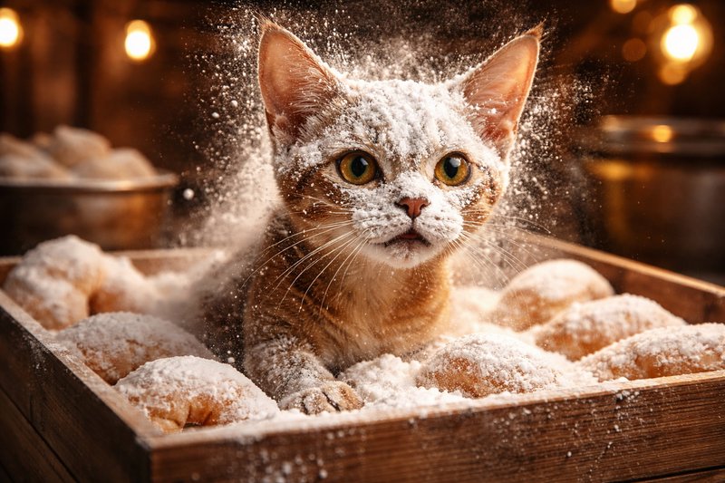 Grumpy orange tabby cat covered in flour peeking from a wooden tray of doughnuts.