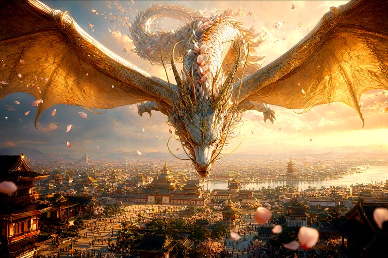 Majestic dragon soaring over an ancient Asian city at sunset