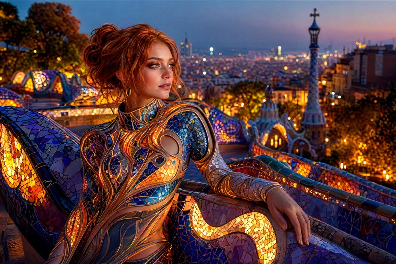 Woman in intricate metallic mosaic armor sits on colorful Gaudí mosaic bench overlooking Barcelon...