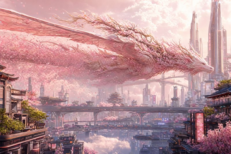 Colossal pink dragon soars over a futuristic city with cherry blossoms and sleek skyscrapers.