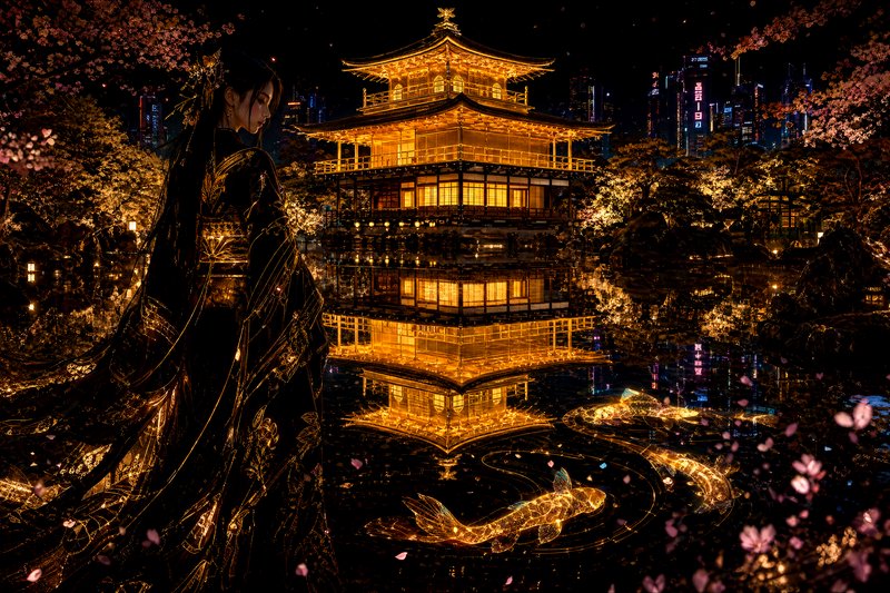 Night scene of a glowing golden pagoda by a koi pond, with a woman in a flowing kimono and cherry...
