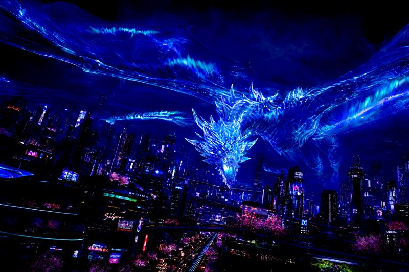 Massive blue dragon soaring above a neon-lit futuristic city at night.