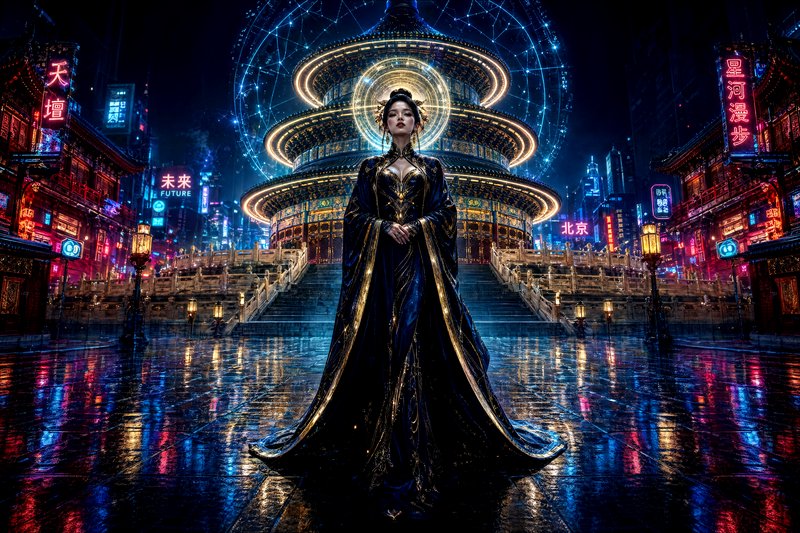 Regal woman in a dark blue and gold gown stands before a luminous pagoda-style temple in a neon-l...