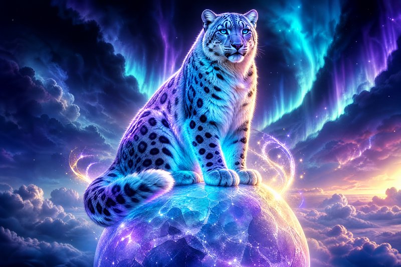 Blue neon snow leopard perched on a glowing crystal ball under an aurora-filled night sky.