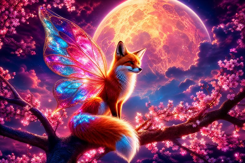 Fairy-tale fox with colorful butterfly wings perched on a cherry blossom branch under a glowing f...