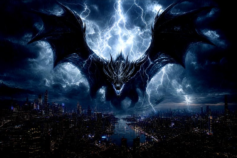 Dark dragon with massive wings soaring above a lightning-filled city skyline at night.