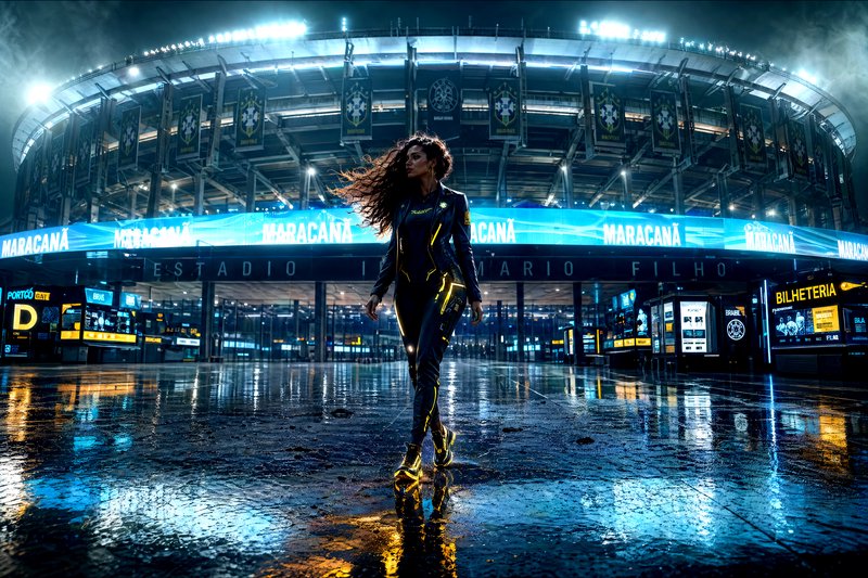 Woman in a glossy futuristic jumpsuit walking through a rain-soaked plaza outside Maracanã Stadiu...