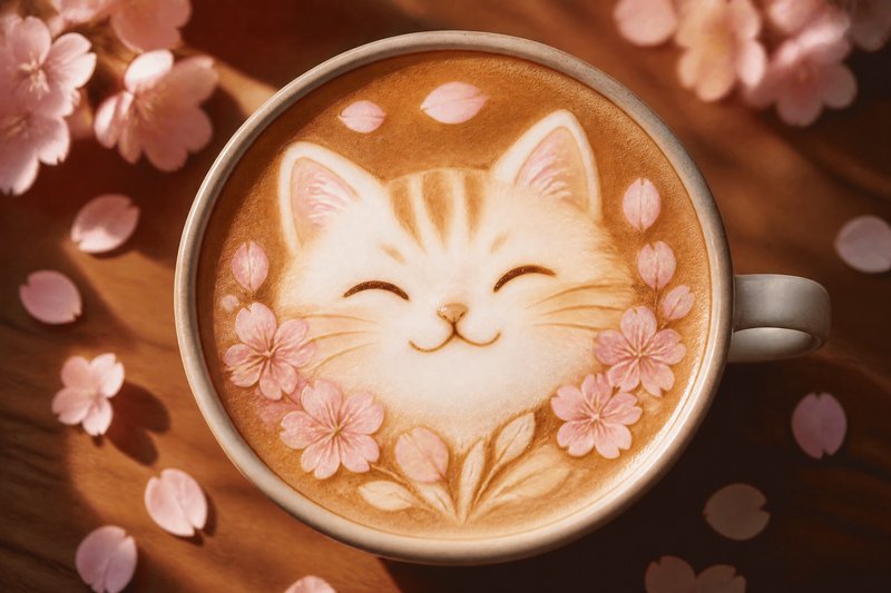 Cup of latte with a smiling cat face latte art surrounded by pink flower petals.