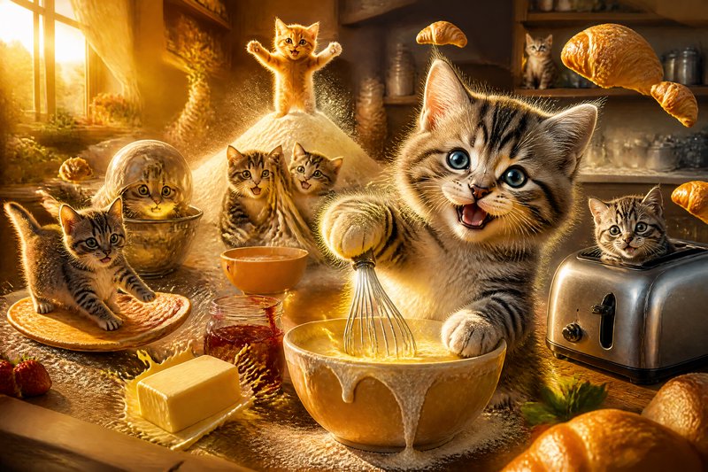Playful kittens in a cozy kitchen helping bake batter with a whisk.