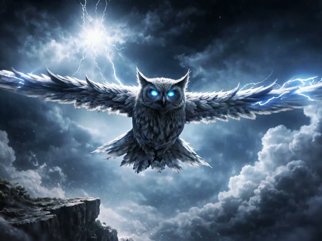 Ice-blue-eyed owl with wings spread, soaring through stormy clouds and jagged lightning.