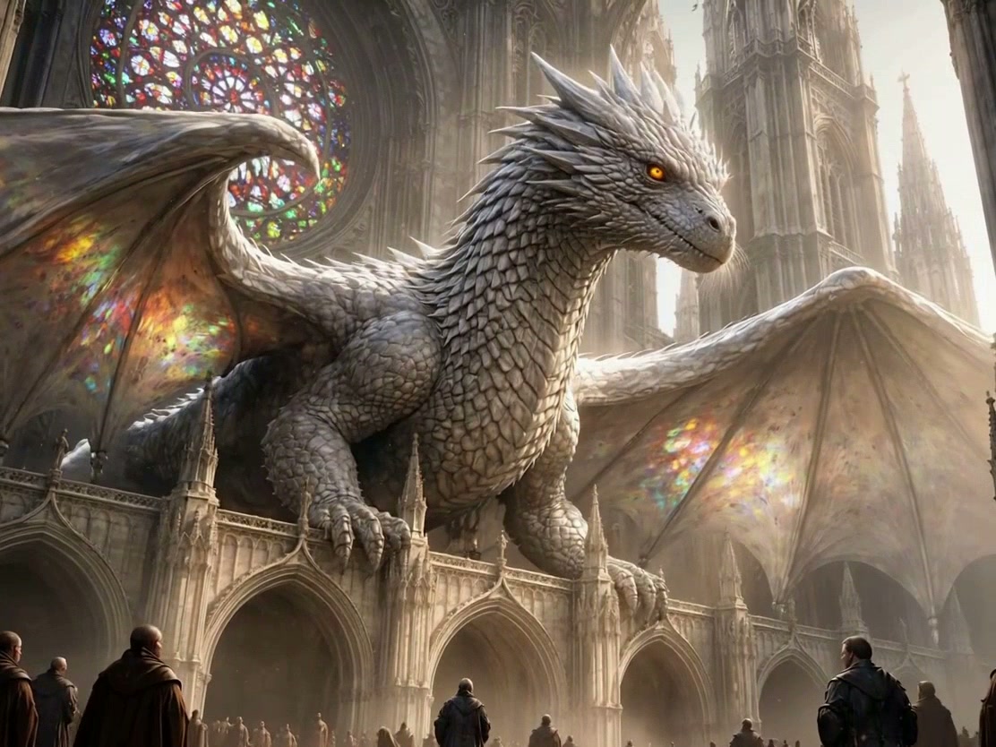 A colossal white dragon perched on Gothic cathedral arches amid stained glass.