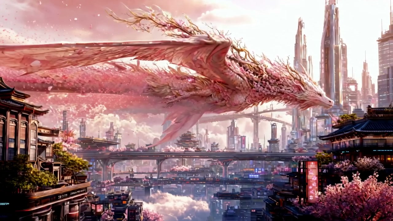Large pink phoenix-like dragon gliding above a futuristic Asian city skyline with cherry blossoms.