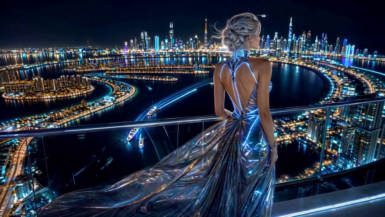 Elegant woman in a metallic gown on a glass balcony over a neon-lit futuristic city at night.