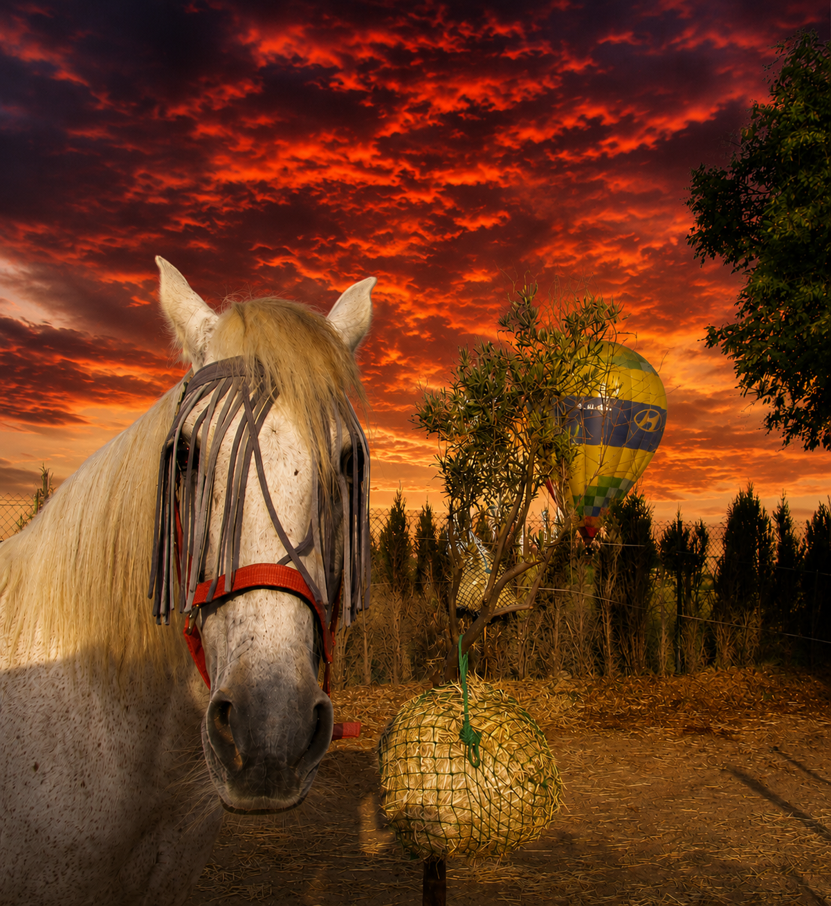 [Close-up of a dappled white horse with a fringed fly mask, set against a fiery red sunset sky with a hot air balloon in t...