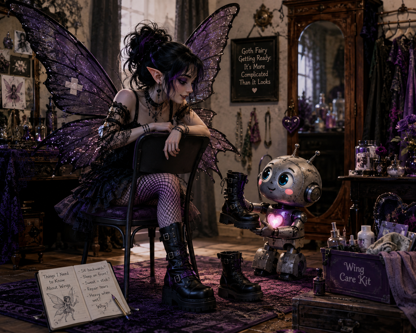Goth fairy with purple glitter wings watches a cute tiny robot help her put on boots in a cozy dark fantasy dressing room.
